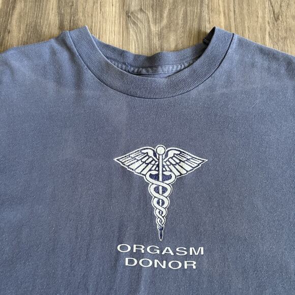 Vintage 1990s Orgasm Donor T-Shirt Men's Size L Faded Blue Sex Funny Sun Faded - Picture 2 of 10